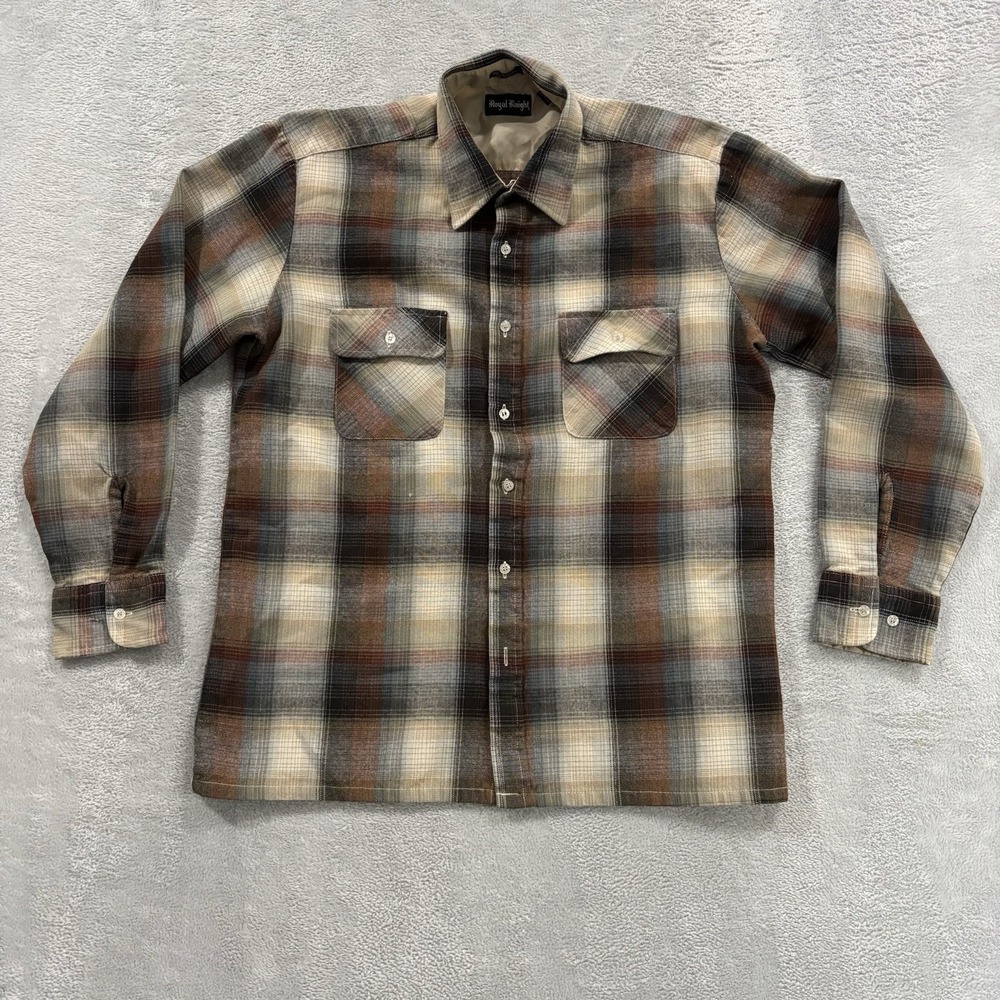 VTG Royal Knight Flannel Button Up Men's Medium Plaid Collar Double Pocket Brown